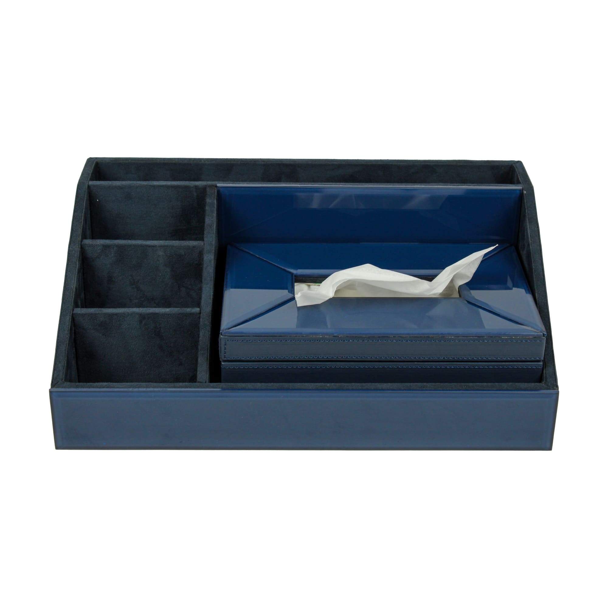 Premium Blue Leatherite Stationery Desk Organizer With Tissue Box